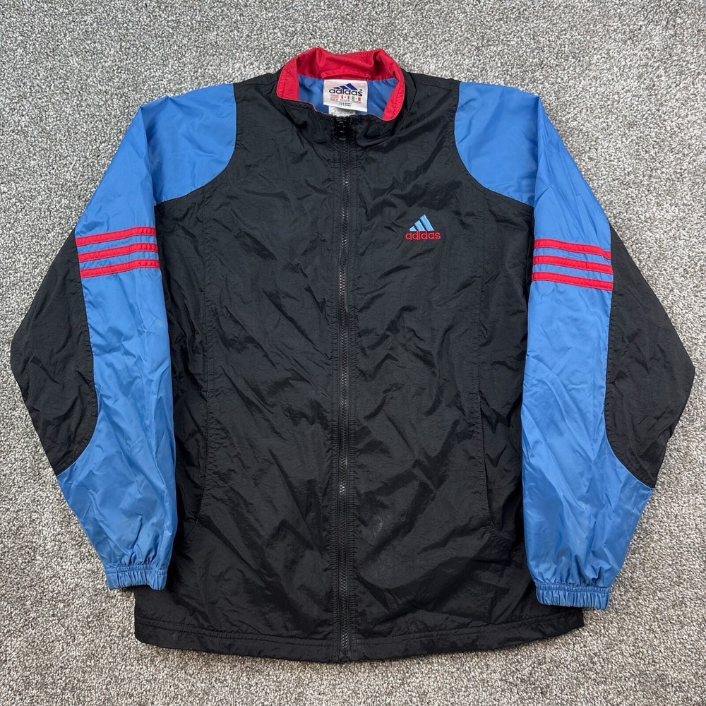 Vintage Adidas Windbreaker Jacket Mens M Black Blue Pockets Lightweight Swishy